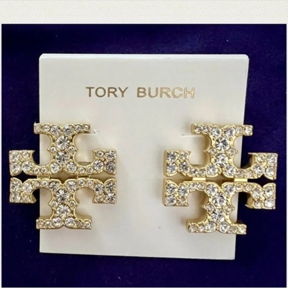 NWT Tory Burch oversized Gold and Silver logo crystal Earrings - Picture 2 of 3